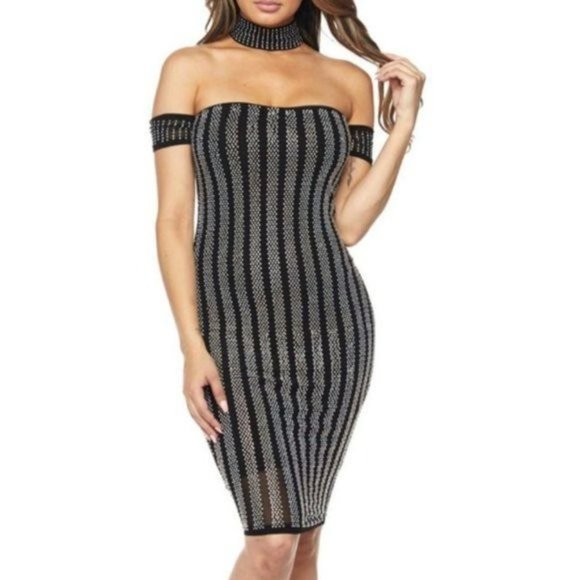 Banjul Bodycon Choker Striped Studded Dress Black Silver Size Medium NWT - Picture 2 of 3